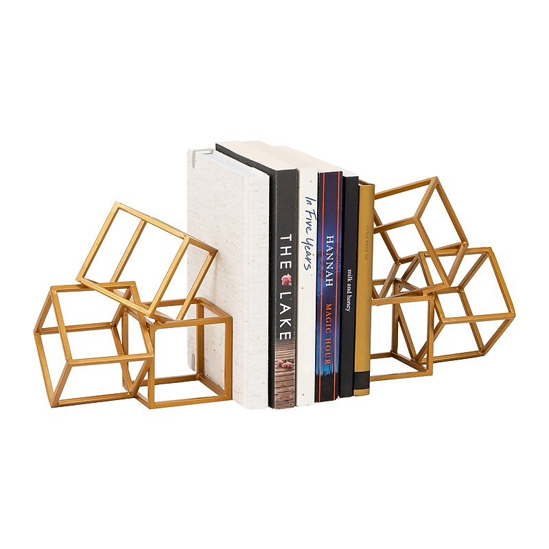 Mind Reader Geometric Cube Metal Book Ends, 6", Gold (BLOCKS2-GLD) image 1