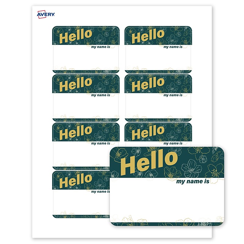 Avery Adhesive Name Tags, Pre-printed Teal & Gold Hello Design image 1