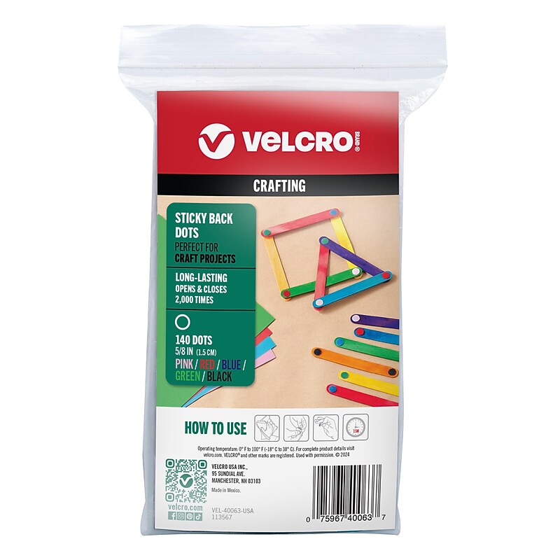 Velcro® Crafting Sticky Back Adhesive Hook and Loop Dots Fastener, 0.625", Multicolored, 140/Pack (VEL-40063-USA) image 1
