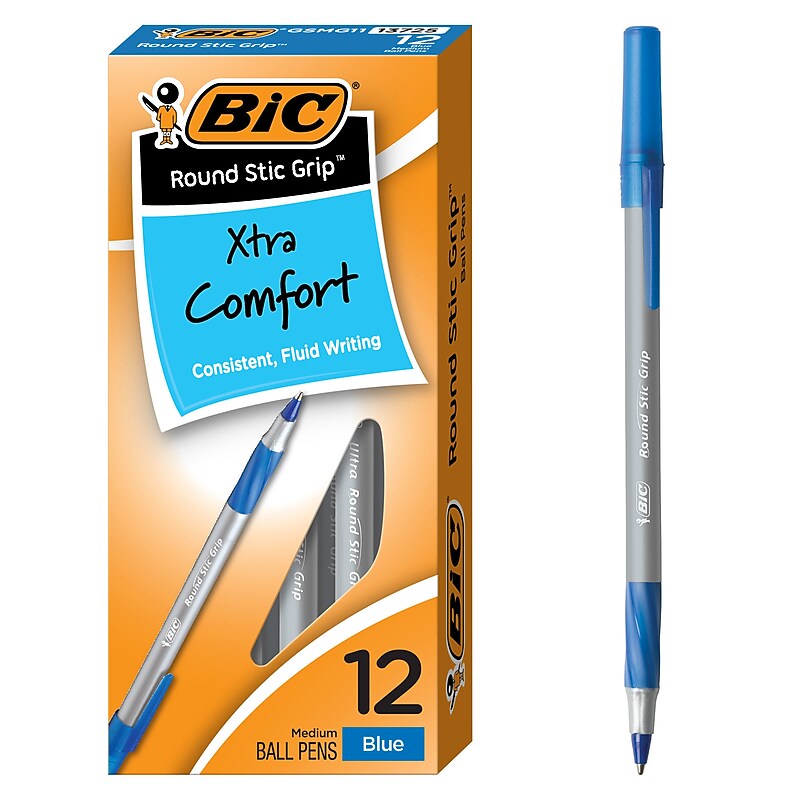 BIC Round Stic Grip Xtra Comfort Ballpoint Pens, Medium Point, 1.2mm, Blue Ink, Dozen (GSMG11BE) image 1