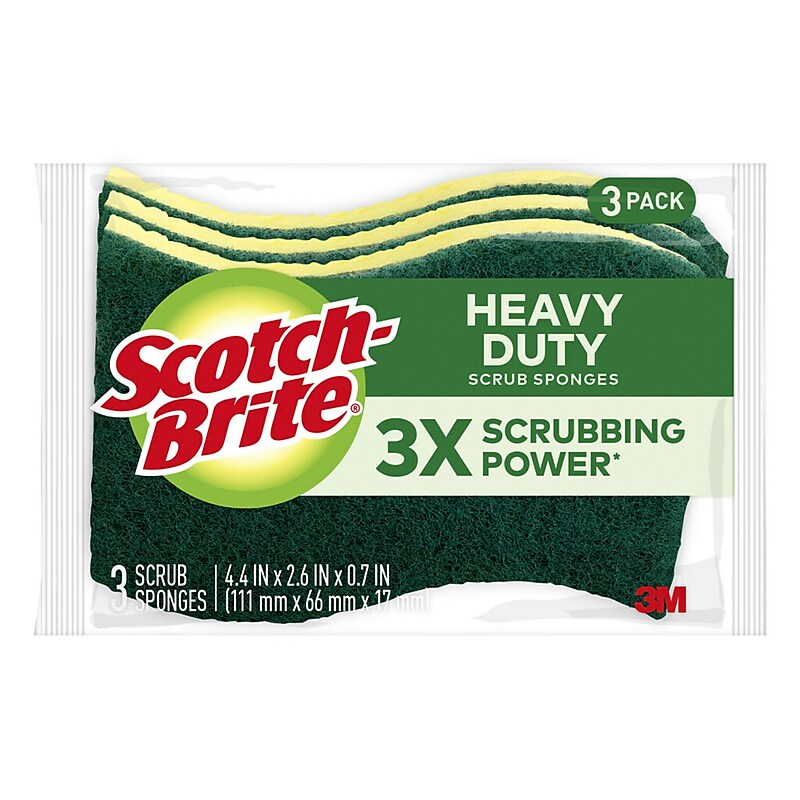 Scotch-Brite Heavy Duty Sponge with Scrubber, Green/Yellow, 3 Sponges/Pack (HD3) image 1