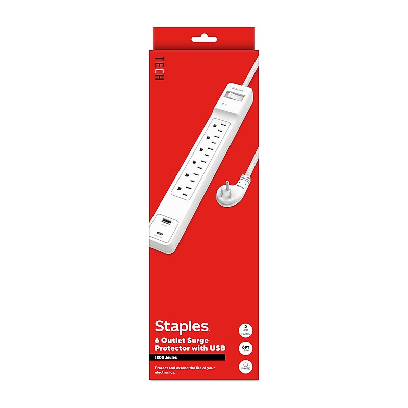 Staples TECH 6-Outlet 2-USB Port Surge Protector, 6', 1800 Joules, White (ST62777) image 1