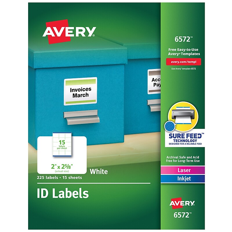 Avery Sure Feed Laser/Inkjet ID Labels, 2" x 2-5/8", White, 225 Labels/Pack (6572) image 1