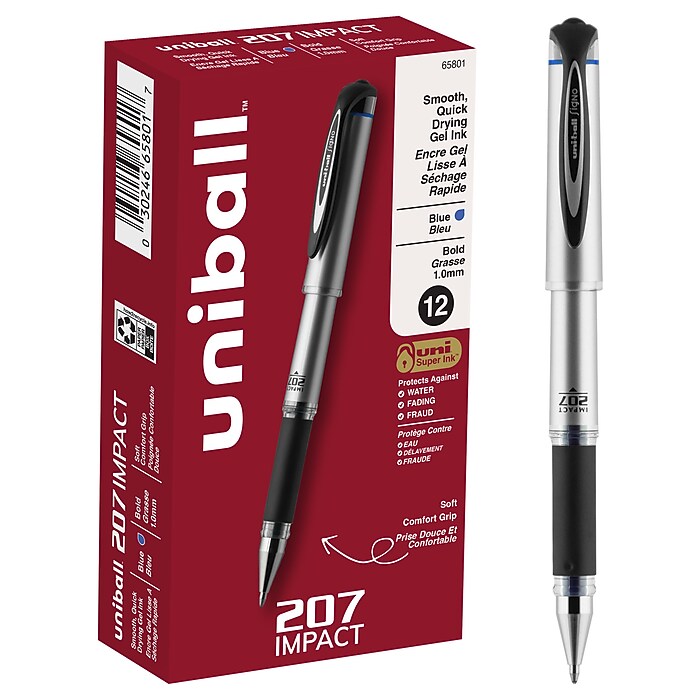 uni-ball 207 Impact Gel Pens, Bold Point, Blue Ink, 12/Pack (65801