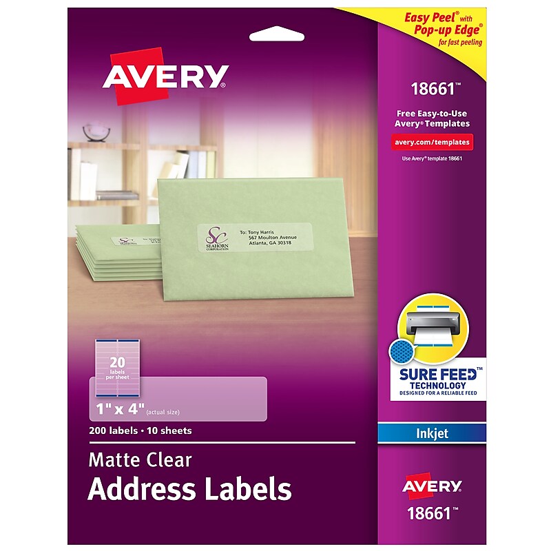 Avery Easy Peel Inkjet Address Labels, 1" x 4", Clear, 200 Labels/Pack (18661) image 1