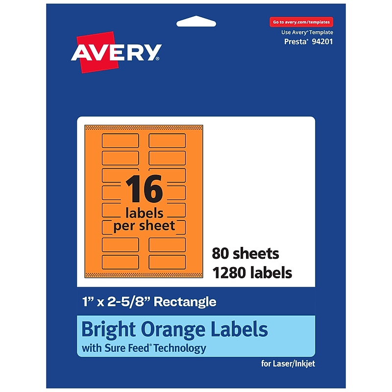 Avery Rectangle Multipurpose Labels, 1" x 2-5/8", Bright Orange, 1280/Box (94201) image 1