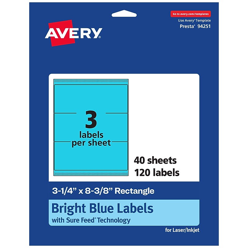 Avery Printable Rectangle Multipurpose Labels, 3-1/4" x 8-3/8", Bright Blue, 120/Pack (94251) image 1