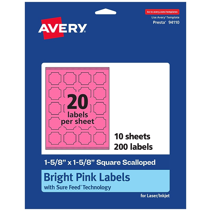 Avery Square Scalloped Laser/Inkjet Multipurpose Labels, 1-5/8" x 1-5/8", Bright Pink (200/Pack) image 1