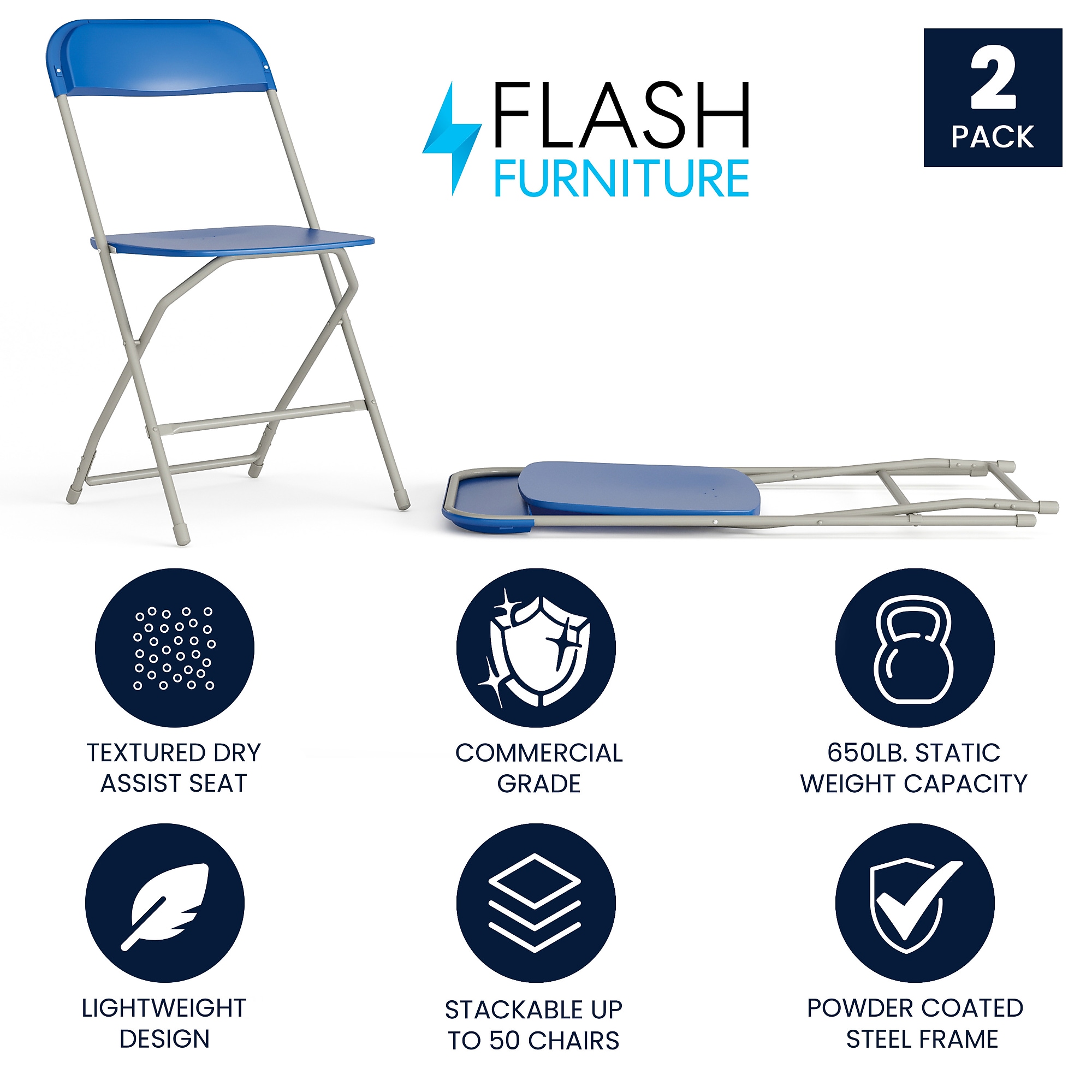 Flash Furniture HERCULES Plastic Folding Chair, Blue, 2/Pack (2LEL3BLUE) Sansujyuku sansujyuku.com