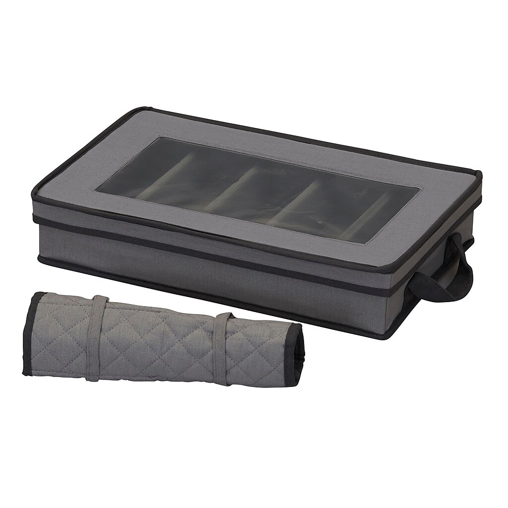 Gray fabric storage box with lid and detachable insert.