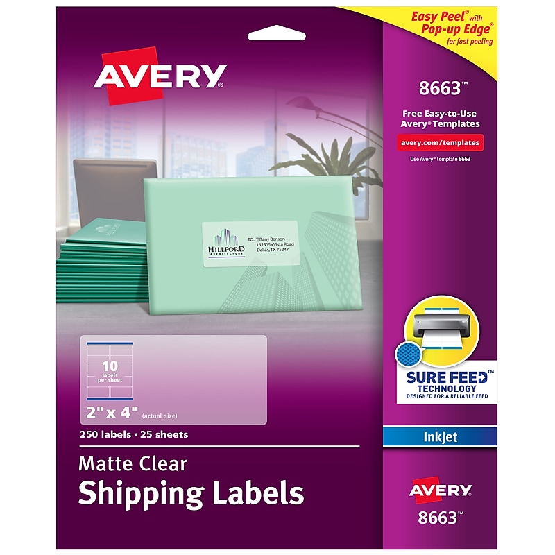 Avery Easy Peel Inkjet Shipping Labels, 2" x 4", Clear, 250 Labels/Pack (8663) image 1