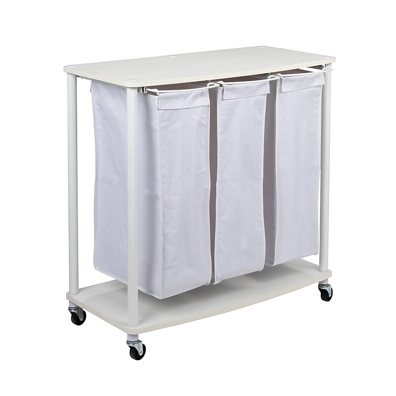 Household Essentials 3-Section Rolling Laundry Sorter with Lid, Polyester, White (HE1119) image 1