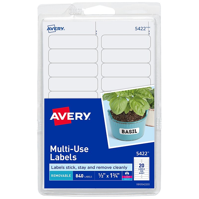 Avery Easy Peel Laser/Inkjet Multipurpose Labels on 4" x 6" Sheets, 1/2" x 1-3/4", White, 840 Labels/Pack (5422) image 1