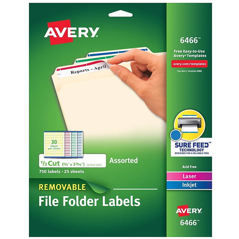 Avery Sure Feed Laser/Inkjet File Folder Labels, 2/3" x 3-7/16", Assorted, 750 Labels/Pack (6466) image 1
