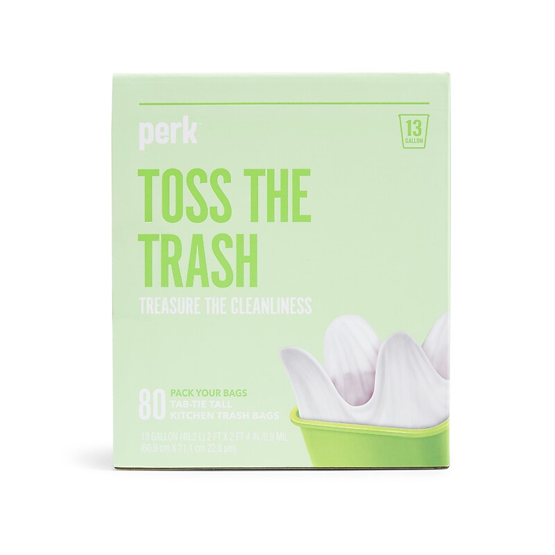 Perk™ 13 Gallon Kitchen Trash Bag, 28" x 24", Low Density, 0.9 mil, White, 80 Bags/Box (PK56749) image 1