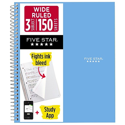 Five Star with Study App 3-Subject Notebooks, Wide Ruled, 150 Sheets, Blue (930011CG1-ECM26)