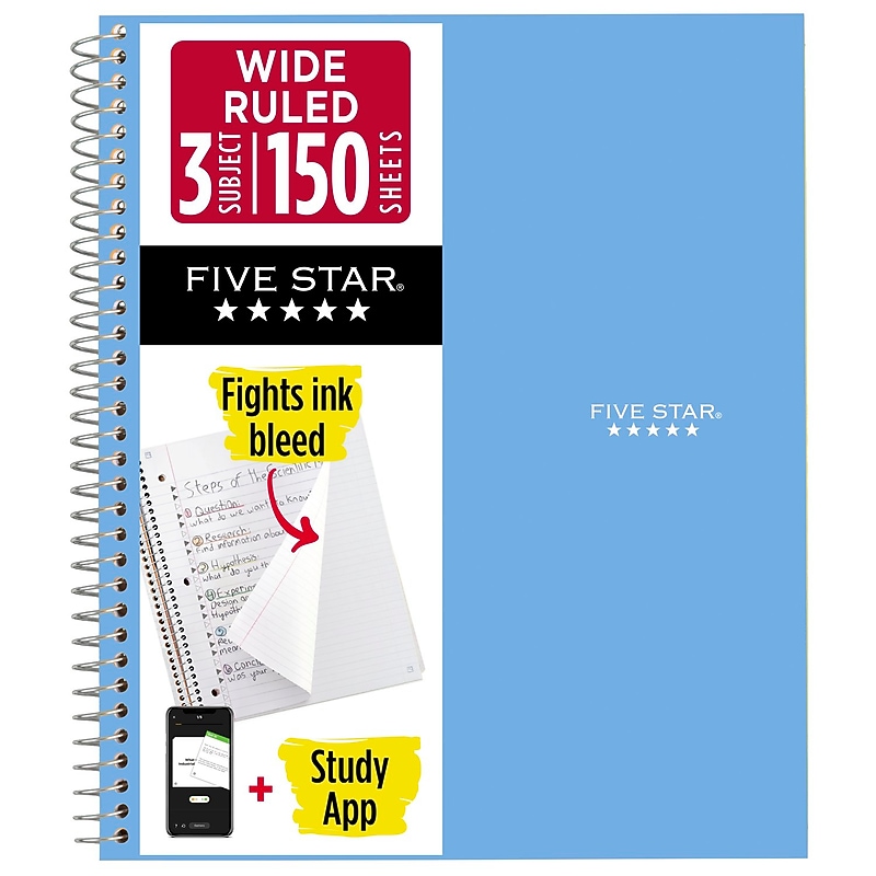 Five Star with Study App 3-Subject Notebooks, Wide Ruled, 150 Sheets, Blue (930011CG1-ECM26) image 1