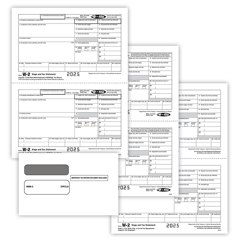 ComplyRight 2025 W-2 Tax Form Envelopes/Recipient Copy Only, 5-Part, 2-Up, Copy B, C/2, D/1, 50/Pack (5648E) image 1
