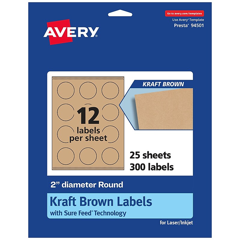 Avery Laser/Inkjet Round Multipurpose Labels, 2" Dia., Kraft Brown, 300 Labels/Pack (94501) image 1