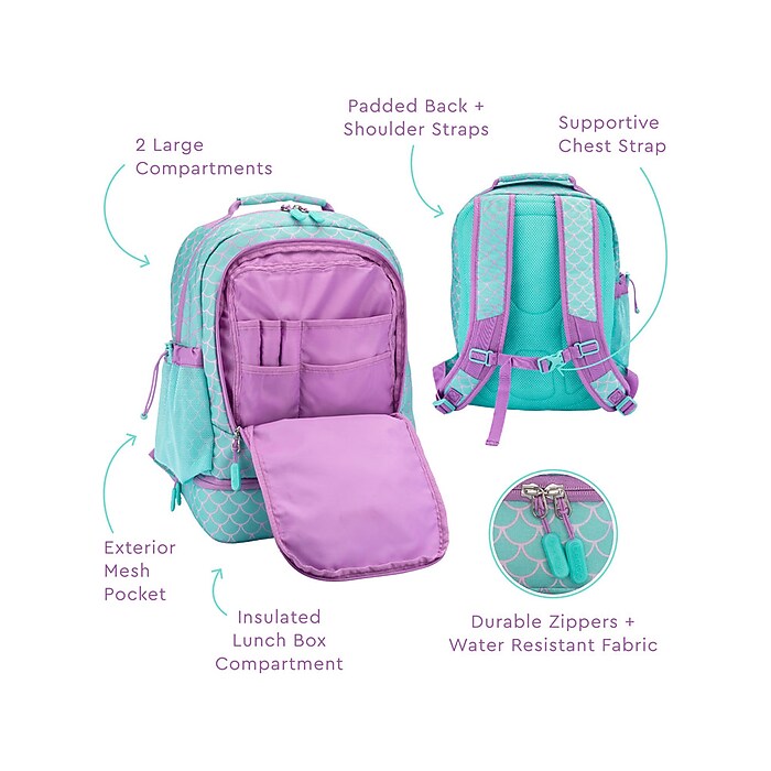 Mermaid Backpack Set For Girls With Bento Lunch Box - 4 Piece School Kit (Purple)
