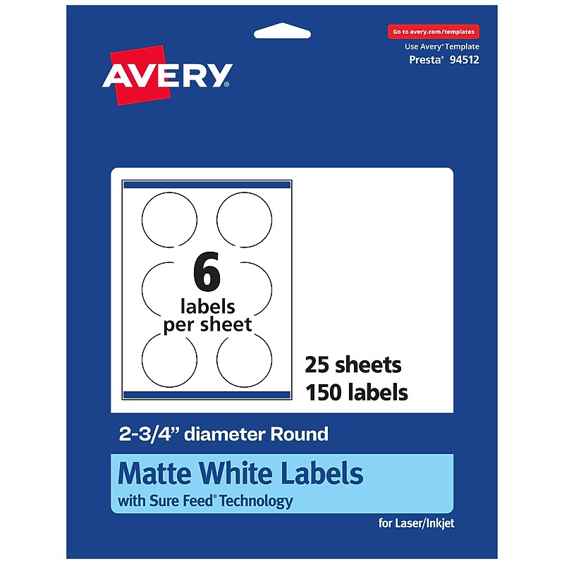 Avery Laser/Inkjet Round Multipurpose Labels, White, 6 Labels/Sheet, 25 Sheets/Pack (94512-WMP25) image 1