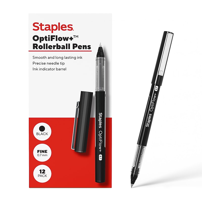 Staples Optiflow+ Rollerball Pens, Fine Point, 0.7mm, Black Ink, Dozen (ST63315) image 1