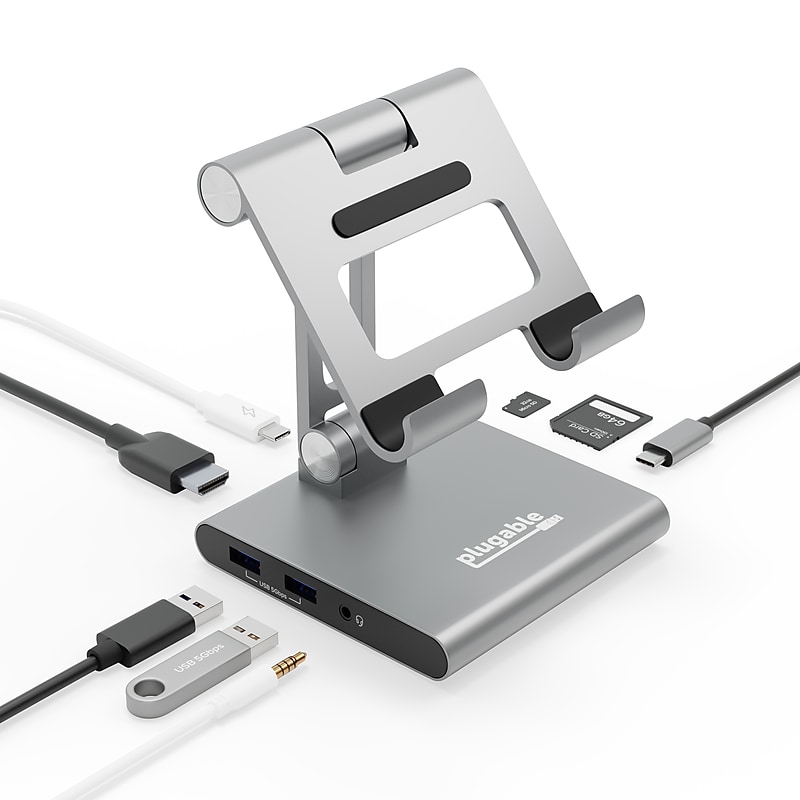 Plugable 8-in-1 USB-C Tablet/Phone/iPad Stand with Docking Station, 100W, Silver (UDS-7IN1) image 1
