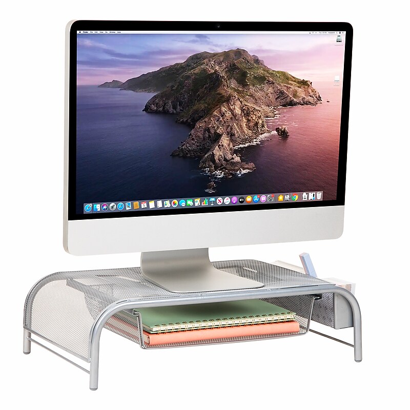 Mind Reader Monitor Stand with Paper Tray, Metal, Silver  (MESHMONSTA-SIL) image 1