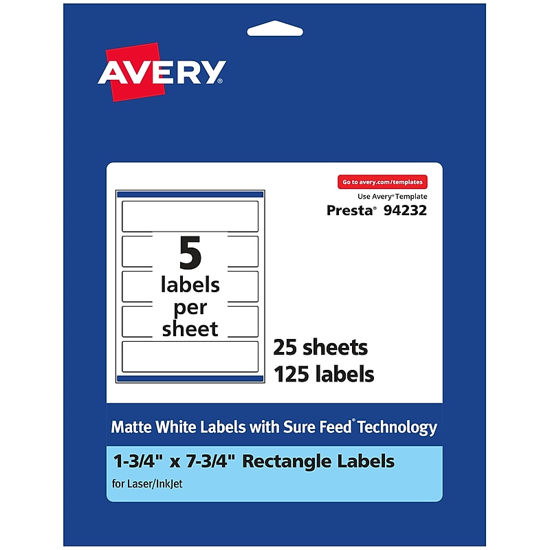 Avery Laser/Inkjet Rectangle Multipurpose Labels, 1.75" x 7.75", White, 125 Labels/Pack (94232) image 1