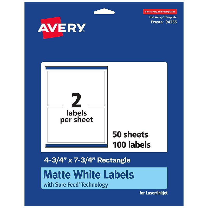 Avery Laser/Inkjet Multipurpose Labels, 7.75"  x 4.75", Matte White, 100/Box (94255) image 1