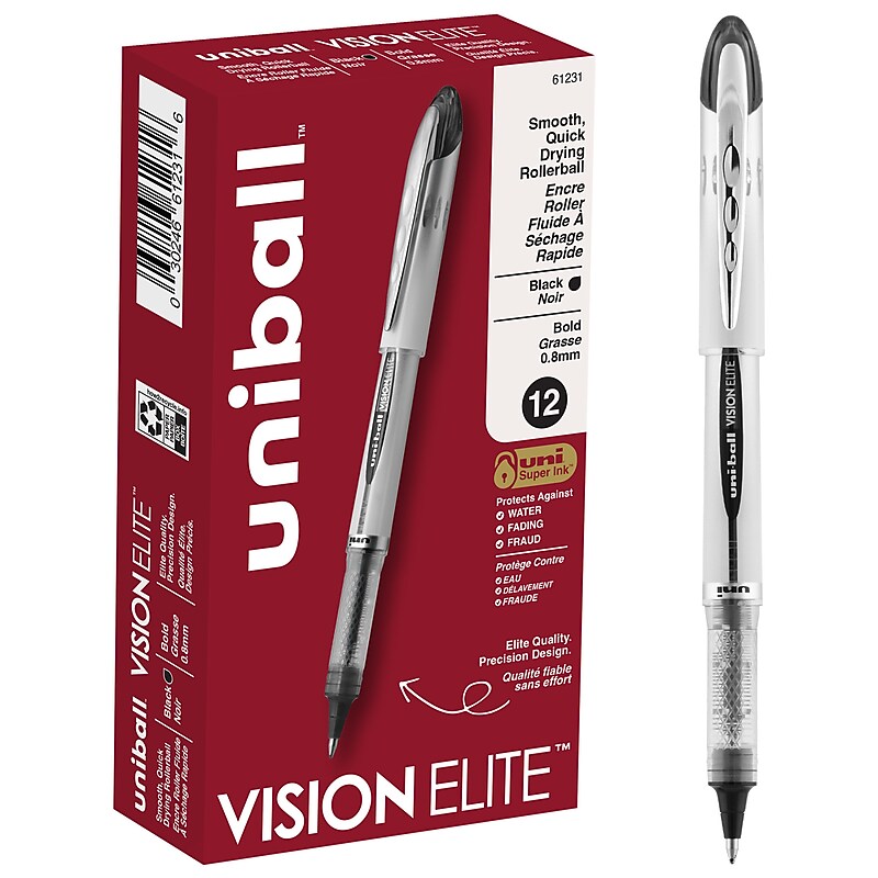 uni-ball Vision Elite Rollerball Pens, Bold Point, Black Ink, Dozen (61231) image 1