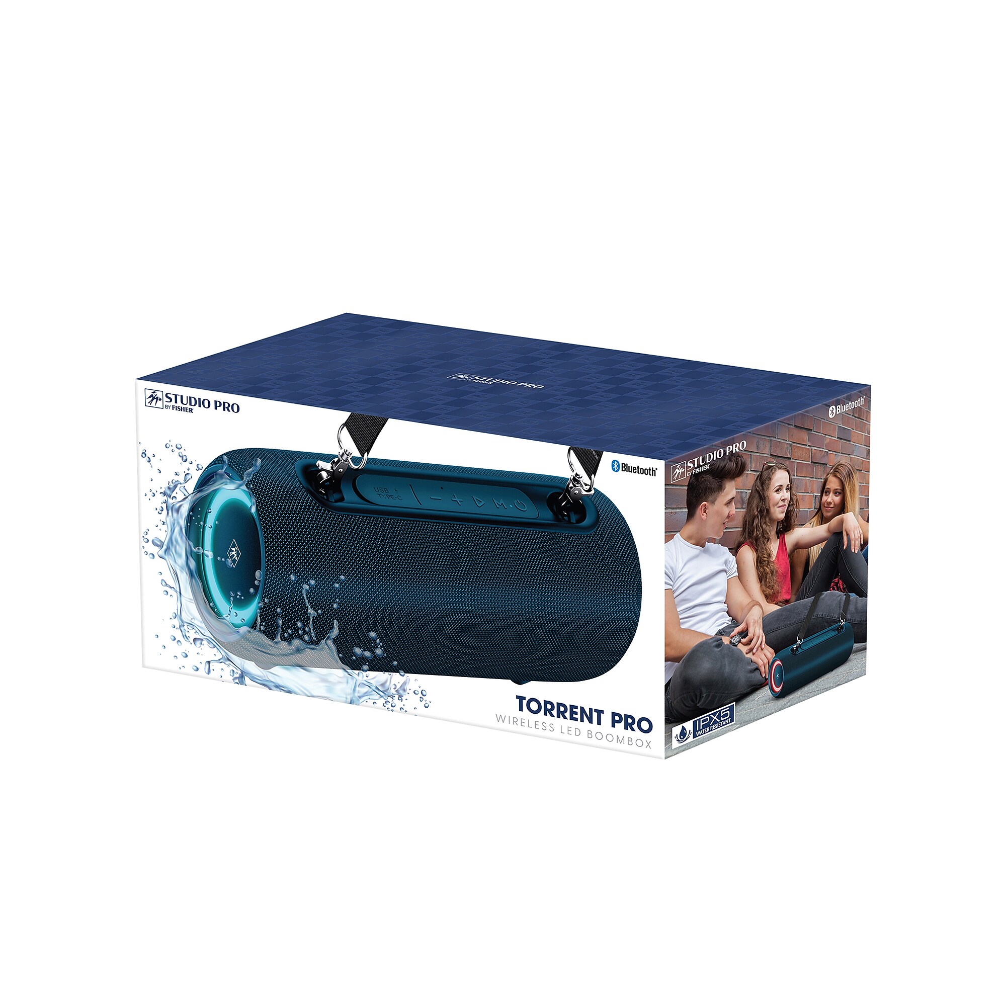 STUDIO PRO by FISHER Torrent Pro Wireless Bluetooth FM Radio LED Boom Box & Speakerphone, Water Resistant, Navy Blue (SBX950NB) Sansujyuku sansujyuku.com