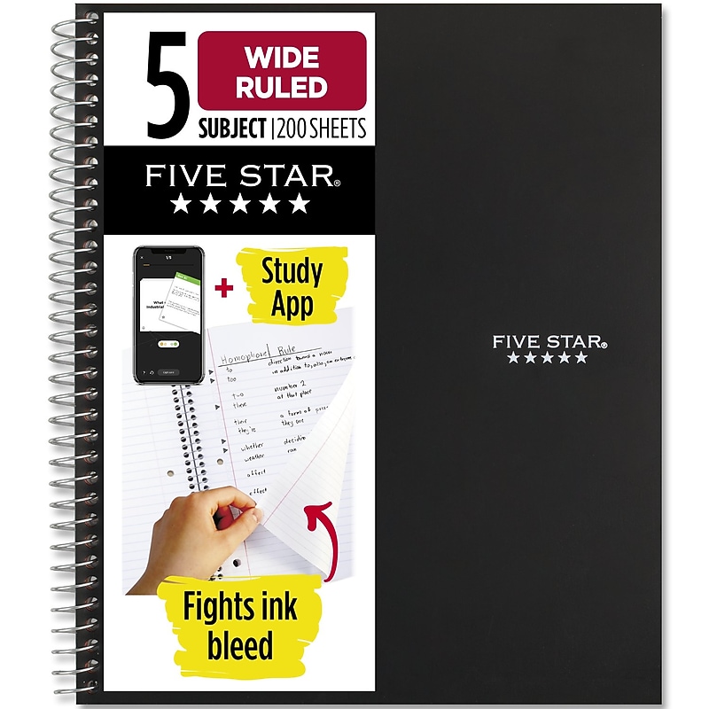 Five Star with Study App 5-Subject Subject Notebooks, Wide Ruled, 200 Sheets, Black (930012A-ECM) image 1