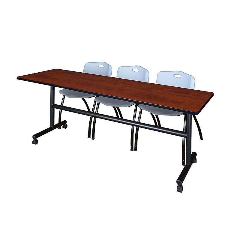 Regency Kobe 84" Flip Top Mobile Training Table- Cherry & 3 'M' Stack Chairs- Grey image 1
