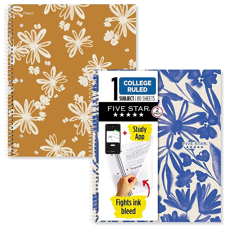 Five Star Soft Petals 1-Subject Notebooks, 8.5" x 11", College-Ruled, 80 Sheets, Assorted Colors, 2/Pack (820331) image 1