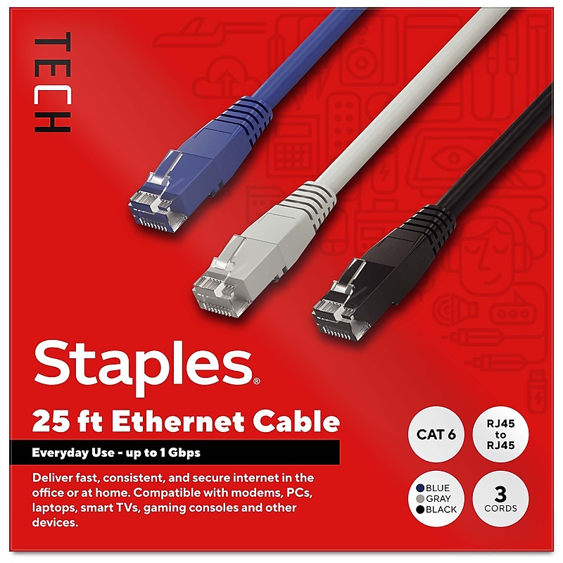 Staples TECH 25 ft. Cat-6 Ethernet Cable, Male to Male, Assorted Colors, 3/Pack (ST62460) image 1