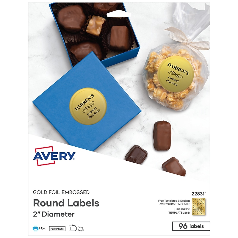 Avery Easy Peel Inkjet Embossed Foil Round Labels, 2" Dia, Gold, 96 Labels/Pack (22831) image 1