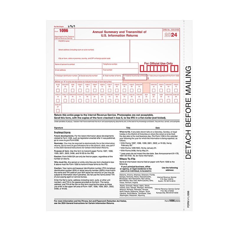 Adams 2024 1096 Tax Form, 1-Part, 25/Pack (L109625) image 1