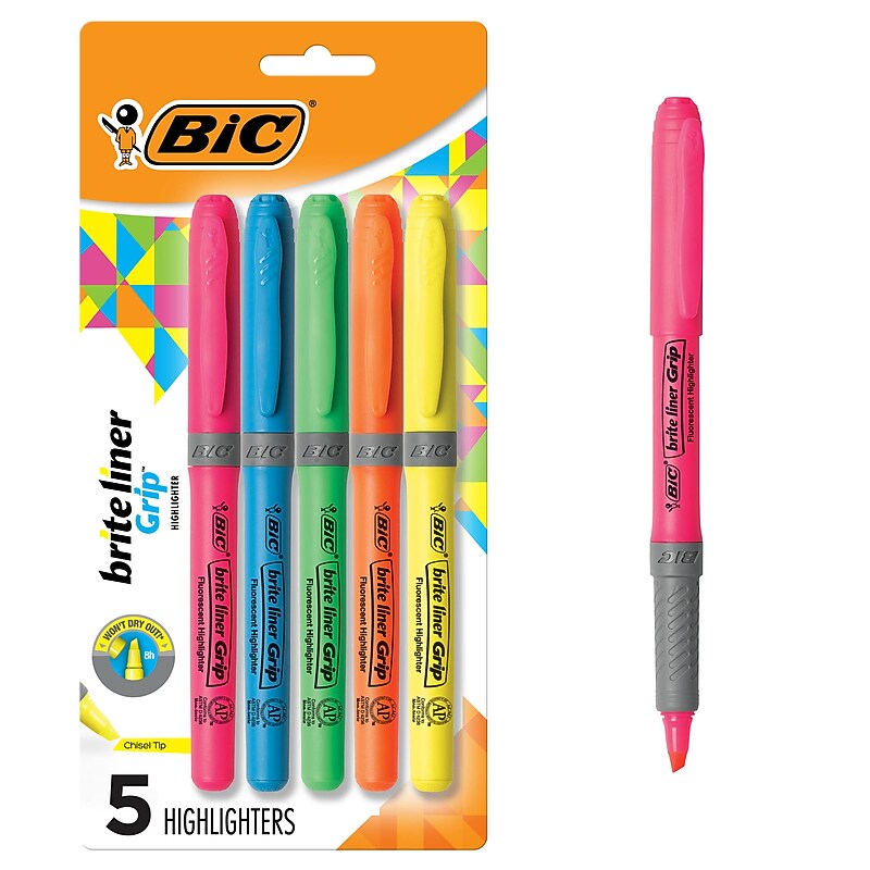 BIC Brite Liner Stick Highlighter with Grip, Chisel Tip, Assorted Colors, 5/Pack (31257) image 1