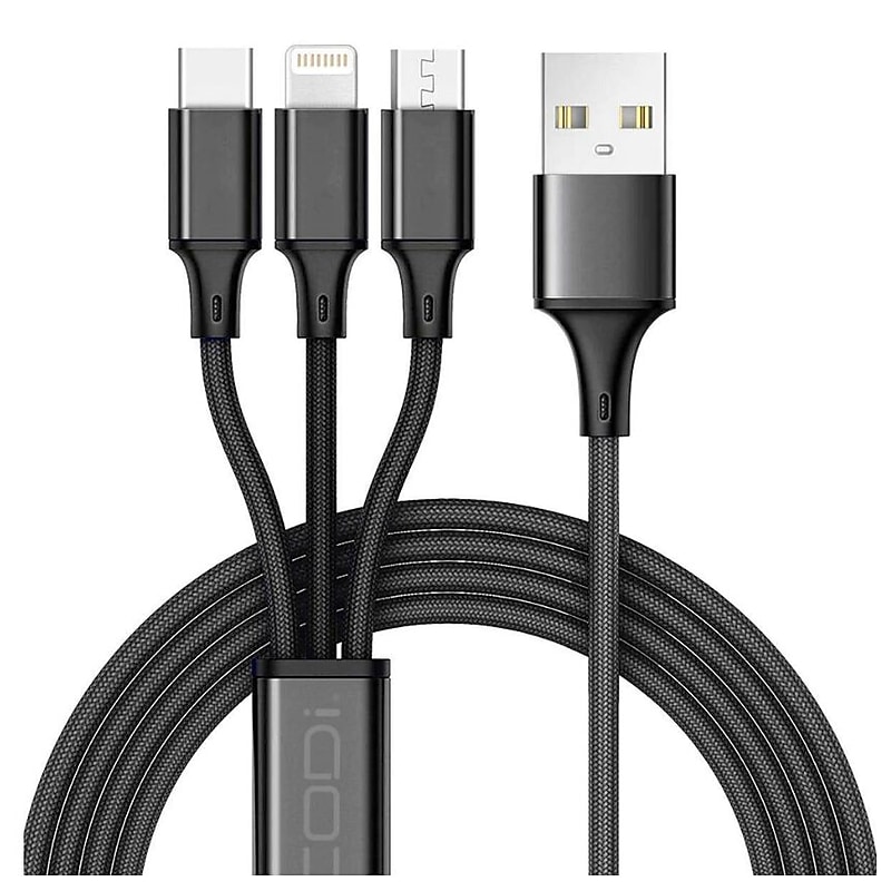CODi Multi-Charging Braided USB-A Cable with USB-C/Micro USB/Lightning Connectors, Black (A10168) image 1