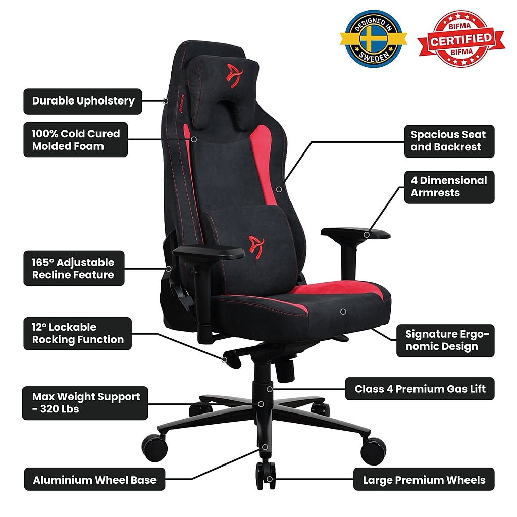 Product feature infographic labels around Arozzi Vernazza chair