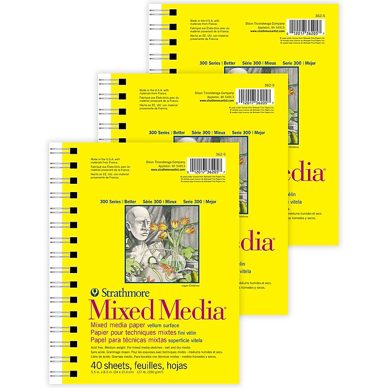 Strathmore 300 Series 5.5" x 8.5" Wire Bound Mixed Media Sketch Pad, 40 Sheets/Pad, 3/Bundle (STTP3625-3) image 1
