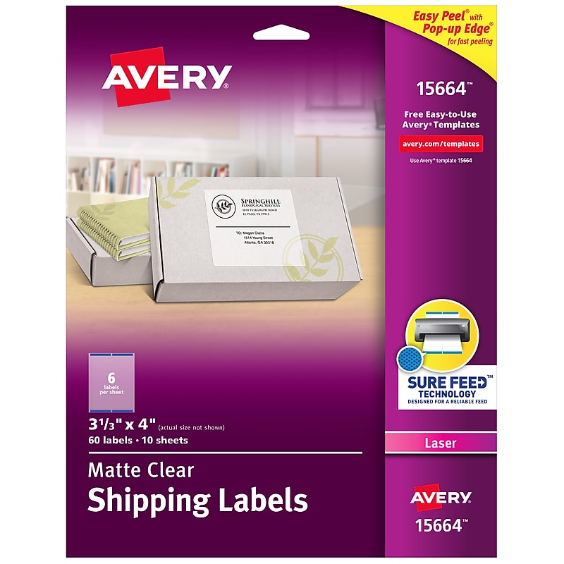 Avery Easy Peel Laser Shipping Labels, 3-1/3" x 4", Clear, 60 Labels/Pack (15664) image 1