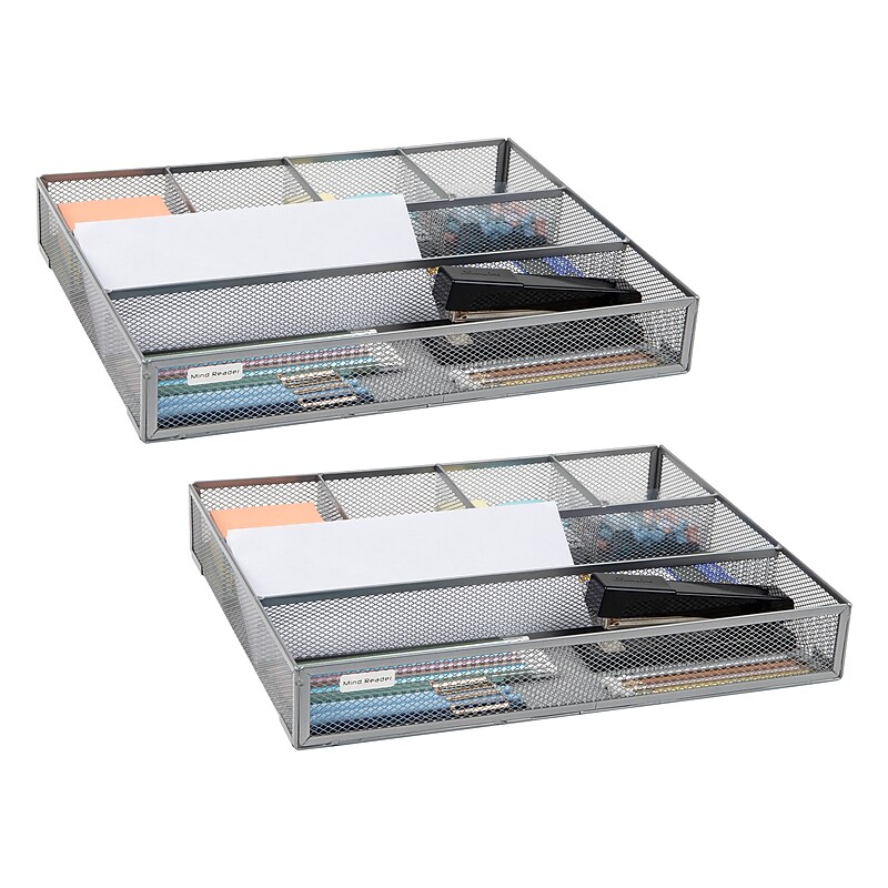 Mind Reader 6-Compartment Metal Drawer Organizer, Silver, 2/Set (2DEER-SIL) image 1