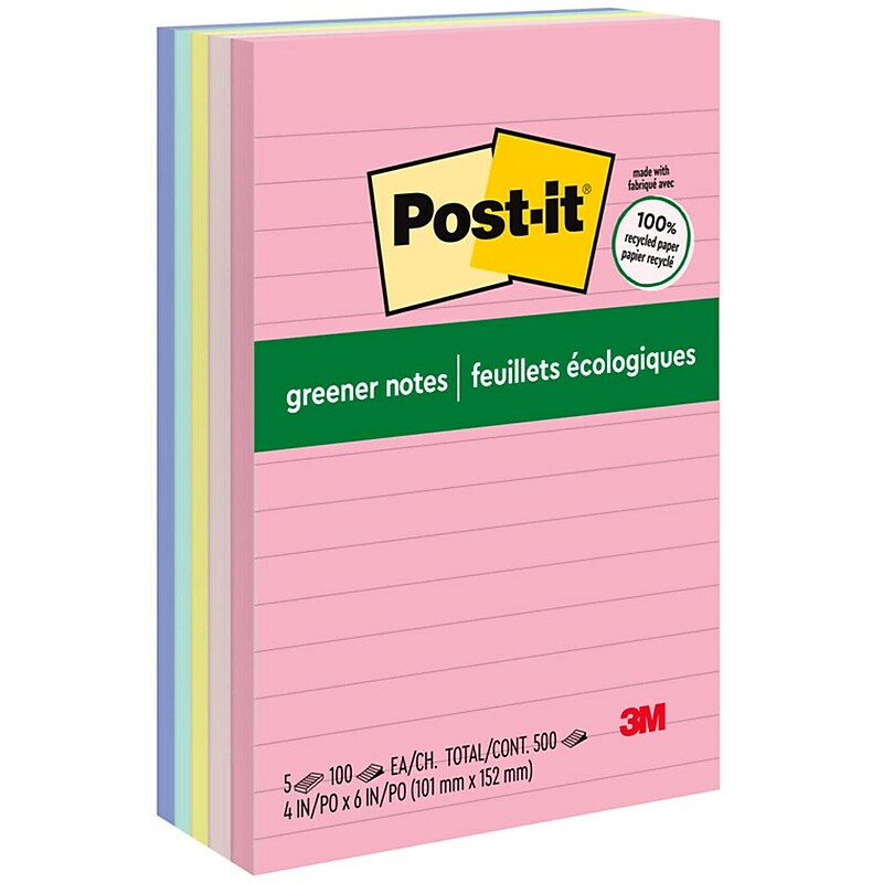Post-it Greener Recycled Notes, 4" x 6", Sweet Sprinkles Collection, Lined, 100 Sheet/Pad, 5 Pads/Pack (6605PKRPA) image 1