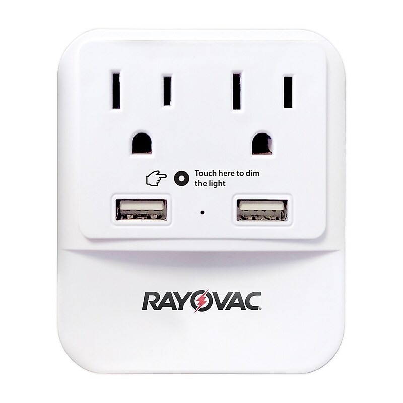 RAYOVAC® 2-Outlet 2-USB Port Surge Protector & Splitter Wall Tap with Phone & Night-Light, 300-Joules, White (SS-Q202) image 1