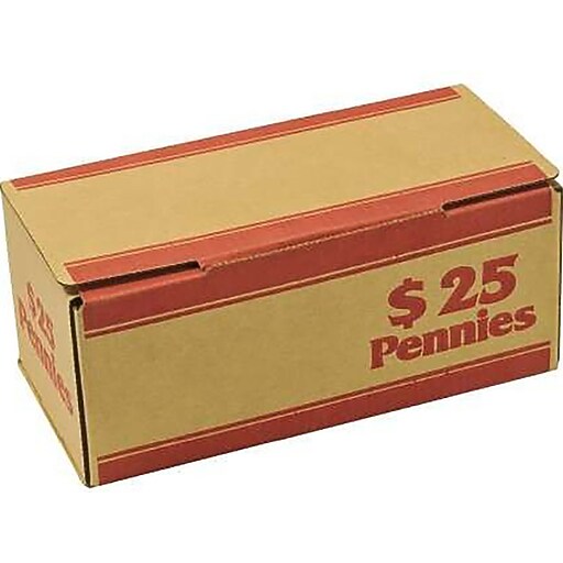 CONTROLTEK 25 of Pennies Coin Box, Kraft/Red, 50/Pack