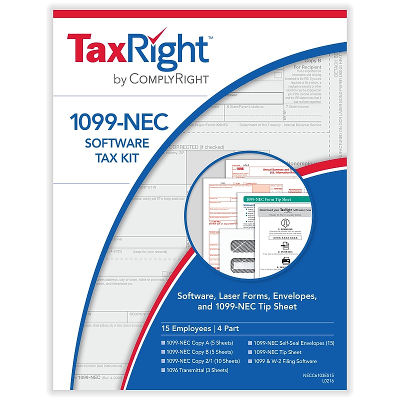 TaxRight 2025 1099-NEC Tax Form Tax Forms, Envelopes, TipSheet & Software, 4-Part, 15/Pack (NECSC6103ES15) image 1