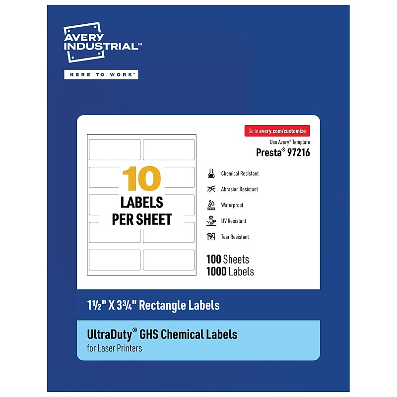 Avery UltraDuty GHS Rectangle Multipurpose Labels, 1-1/2" x 3-3/4", White, 1000/Box (97216) image 1