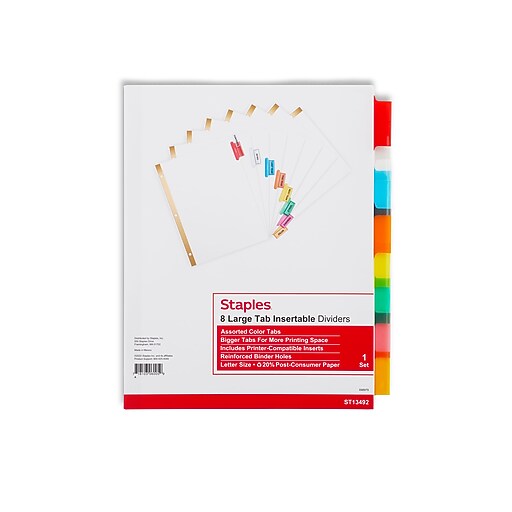 Staples Large Tab Insertable Dividers, 8Tab, Assorted Colors (13492/